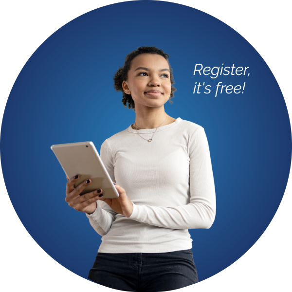 Female employee with register it's free text next to her